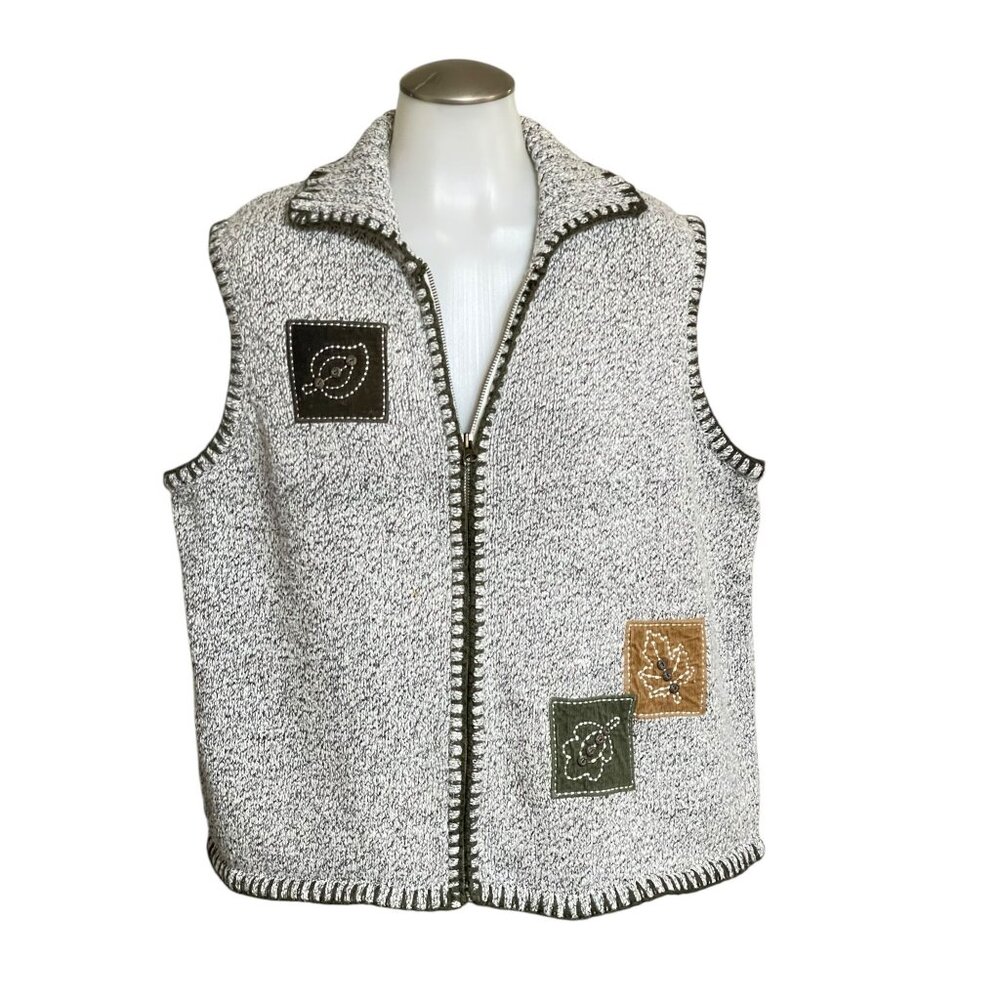Handmade Gray Knitted Vest With Leaf & Floral Embroidery Full Zip Closure Medium